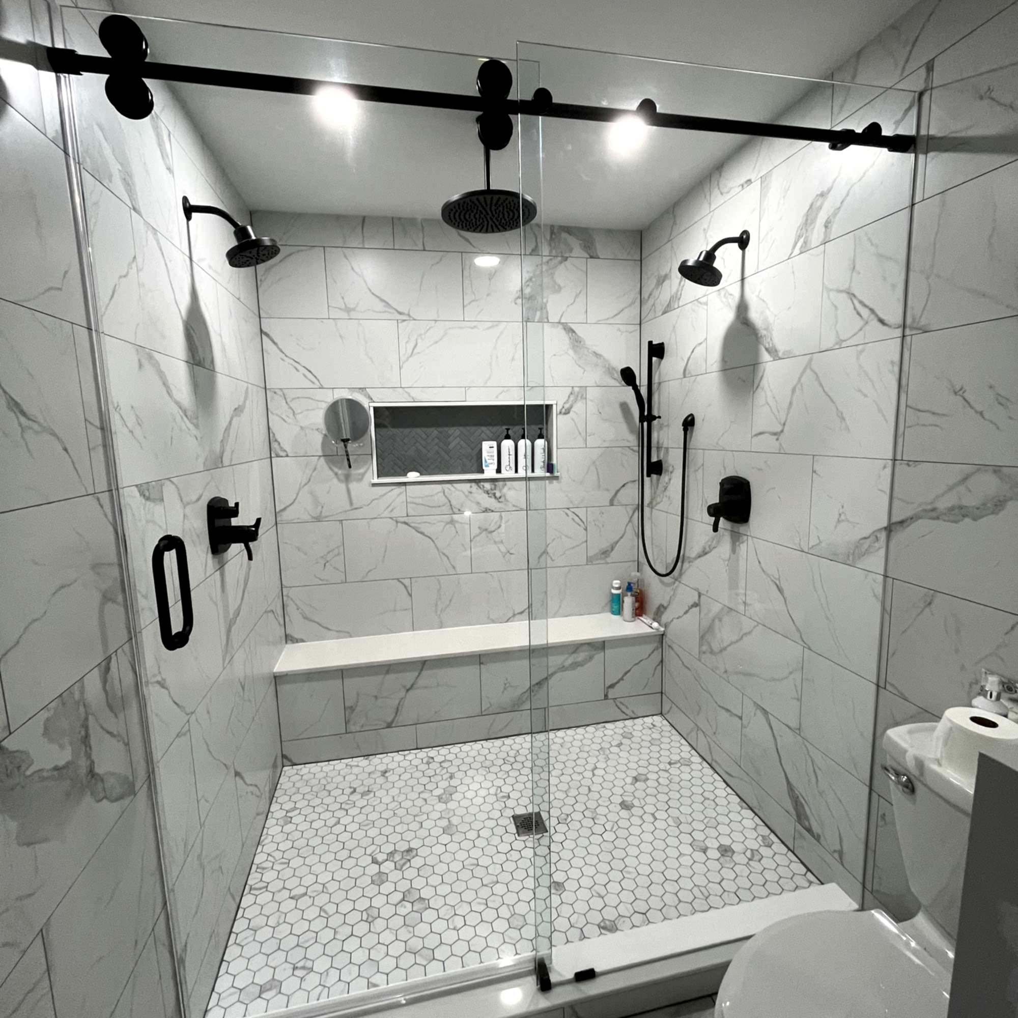 IMG_0971-squared Frameless shower glass door on marble bathroom walls
