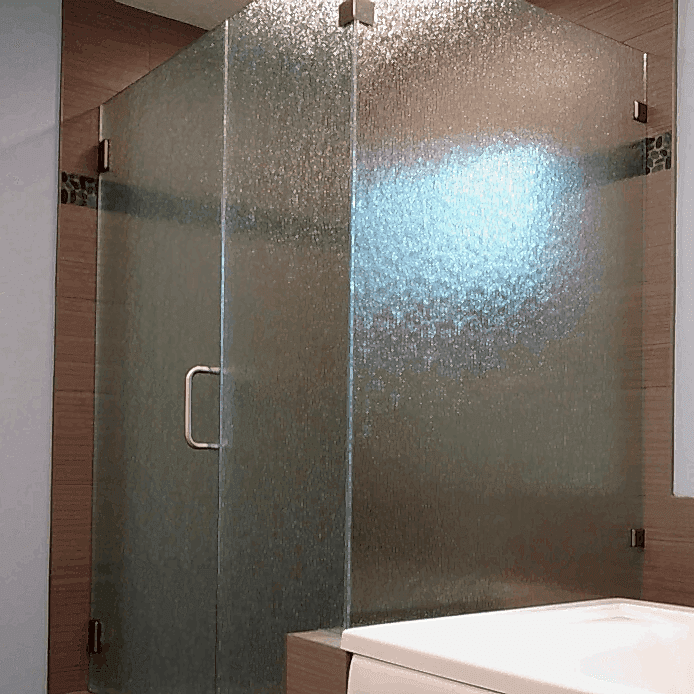 frameless textured glass shower door with D pull